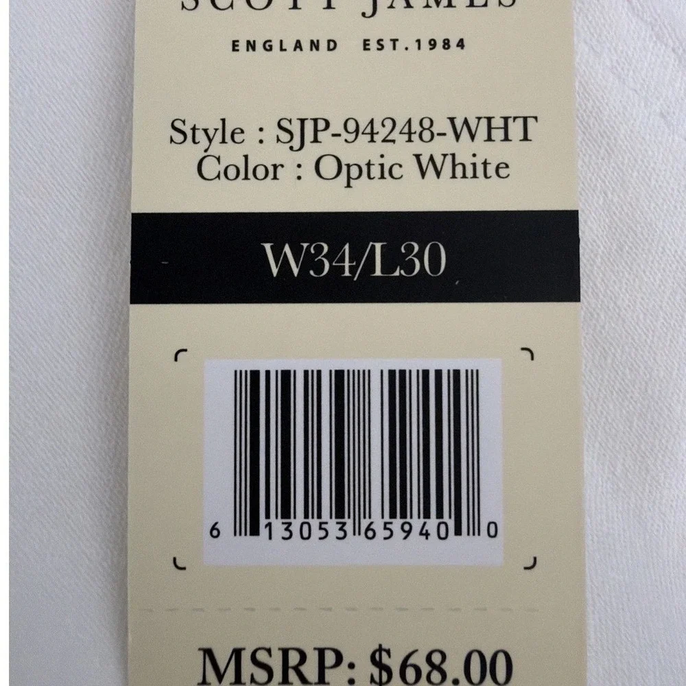 Scott James Men's White jeans  Slim Fit Natural Stretch Classic Pants Size 34X30
